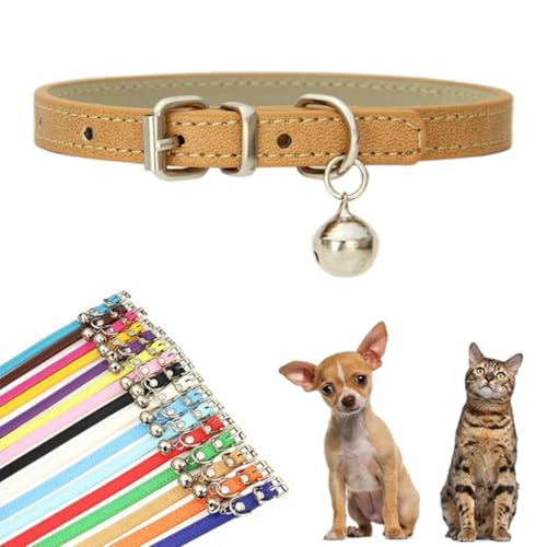 Khaki Hundehalsband mit Glöckchen, Kunstleder-Hundehalsband mit Glöckchen, PU-Basic, für Jungen, für XXS, XS, S, M, für männliche Hunde, kleine Katzen, kleine Tiere, Größe M von cyhaen