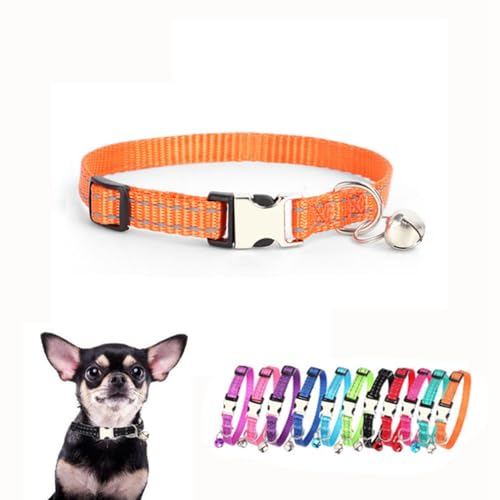 Kleines Hundehalsband mit Glöckchen, Nylon-Metallschnalle, reflektierend, XS, Welpenhalsbänder für kleine Haustiere, männliche Hunde, Katzen, Mädchen, Kätzchen, Kleintiere, Orange, XS von cyhaen