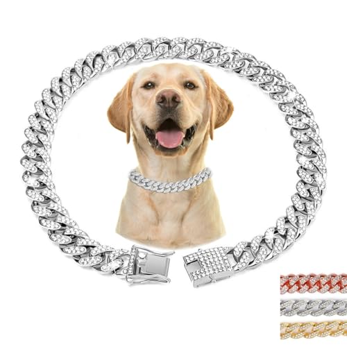 Silberfarbenes Hundehalsband mit glitzernden Diamanten, kubanische Glieder-Hundehalsbänder, Strass-Glitzer, Welpen-Halskette für kleine, mittelgroße und große Haustiere, Hunde und Katzen, 40,6 cm von cyhaen