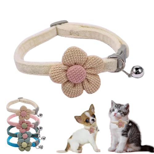 XS Hundehalsband mit Glöckchen, beige, Blumenmuster, Katzenhalsband mit Glöckchen, Wildleder, für Mädchen, niedlich, ausgefallenes Welpenhalsband mit Glöckchen, für XXS, XS, kleines Kätzchen, von cyhaen