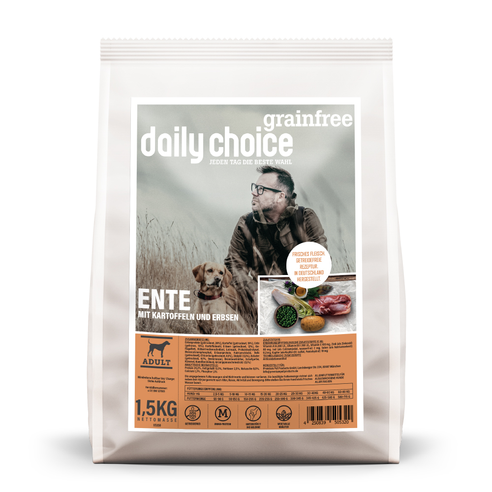 daily choice | Ente mit Kartoffeln und Erbsen | Grainfree | 4 x 1,5 kg von daily choice