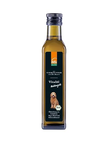 defu Futterzusatz | 6 x 250 ml | Premium Bio Vitalöl *Mühlengold* | Barf Öl | Mit Leindotteröl, Rapsöl, Distelöl und Schwarzkümmelöl, Omega3 und Omega6 Fettsäuren | Für Hunde jeden Alters von defu