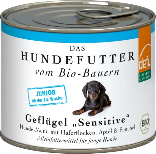 defu Hundefutter | 12 x 200 g | Junior Bio Geflügel Sensitiv | Premium Bio Nassfutter Menü für Junge Hunde von defu