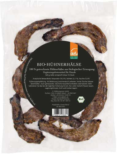 defu Hundesnack | 1 x 160 g | Bio Hühnerhälse getrocknet | Natürlicher Premium Bio Kausnack für Hunde von defu