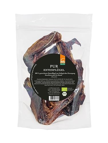 defu Hundesnack | 1 x 200 g | PUR Bio Entenflügel getrocknet | Natürlicher Premium Bio Kausnack für Hunde von defu