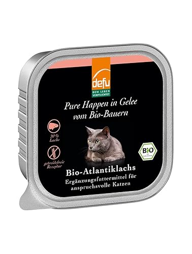 defu Katzenfutter | 1 x 100 g | Bio Atlantiklachs Pure Happen in Gelee | Premium Bio Ergänzungsfuttermittel für Katzen von defu