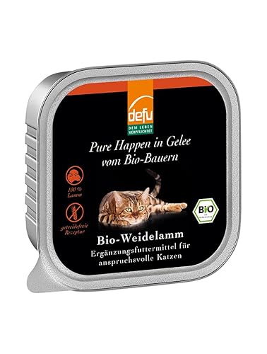 defu Katzenfutter | 1 x 100 g | Bio Weidelamm Pure Happen in Gelee | Premium Bio Ergänzungsfuttermittel für Katzen von defu