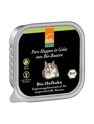 defu Katzenfutter | 16 x 100 g | Bio Hofhuhn Pure Happen in Gelee | Premium Bio Ergänzungsfuttermittel für Katzen von defu