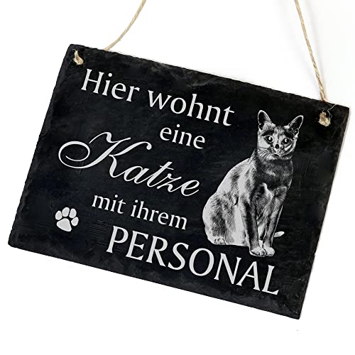 Schiefertafel Katze Deko Schild - Burma-Katze - Hier wohnt eine Katze mit ihrem Personal 22 x 16 cm Katzen Dekoration Zubehör Katzendeko von dekolando