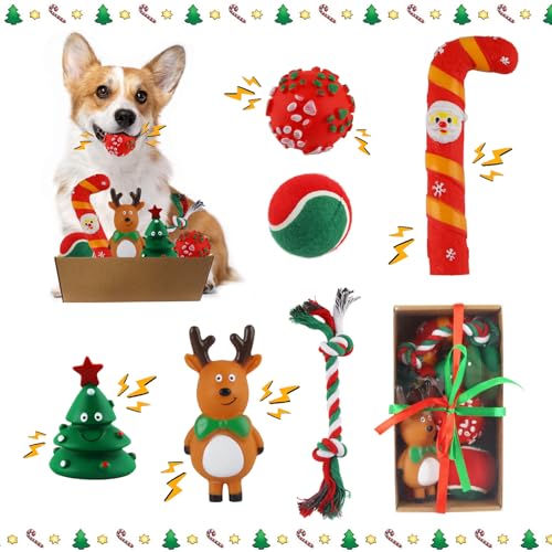 dellyy Hundespielzeug Quietschend Weihnachten, 6pcs Weihnachten Hund Spielset, Hundespielzeug Weihnachten Set, Kauspielzeug Hund Weihnachten, Christmas Dog Toys, Hund Seil Spielzeug von dellyy