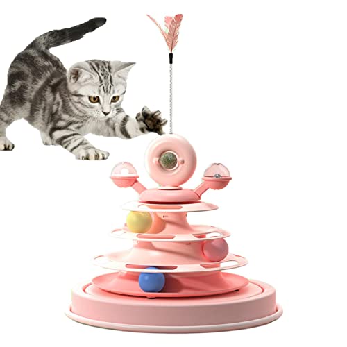 delr Katzenspielzeug mit Drehteller – um 360 ° drehbar für Cat Turntable Ball – drehbare Windmühle mit 4 Ebenen mit Teasern, Federn, Katze und Katze von delr