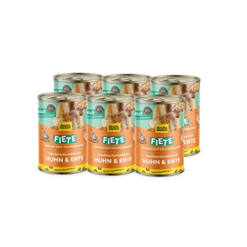 Fiete Adult Geschmacksvielfalt Huhn & Ente 6x400g Dose | proteinreiches Premium-Nassfutter | für ausgewachsene Hunde | hohe Verträglichkeit | getreidefrei | geprüfte Qualität von deuka