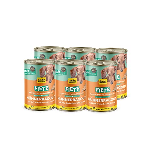 Fiete Adult Hühnerragout mit Reis, Preiselbeeren & Leinöl 6x400g Dose | proteinreiches Premium-Nassfutter | für ausgewachsene Hunde | hohe Verträglichkeit | getreidefrei | geprüfte Qualität von deuka