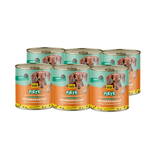 Fiete Adult Hühnerragout mit Reis, Preiselbeeren & Leinöl 6x800g Dose | proteinreiches Premium-Nassfutter | für ausgewachsene Hunde | hohe Verträglichkeit | getreidefrei | geprüfte Qualität von deuka