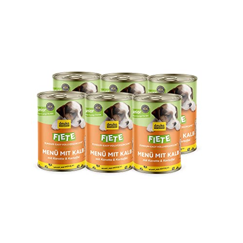 Fiete Junior Menü mit Kalb, Karotte und Kartoffel 6x400g Dose | Premium-Nassfutter | Nährstoff-Wurstfutter für Welpen und Junghunde | hohe Verträglichkeit | getreidefrei | geprüfte Qualität von deuka