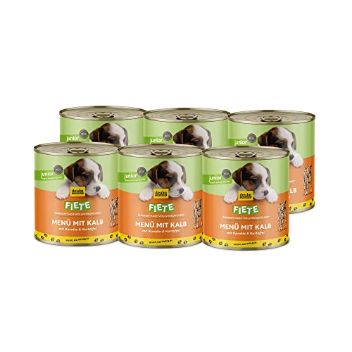 Fiete Junior Menü mit Kalb, Karotte und Kartoffel 6x800g Dose | Premium-Nassfutter | Nährstoff-Wurstfutter für Welpen und Junghunde | hohe Verträglichkeit | getreidefrei | geprüfte Qualität von deuka