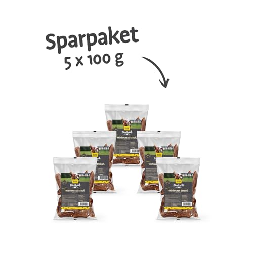 Miniwurst Strauß | 5x100g Sparpaket | deutsche Premium-Qualität | nährstoffreiche Hundeleckerli | fettarm und proteinreich | mit Puten- und Truthahnfleisch im Naturdarm | Hundesnack 3-4cm von deuka