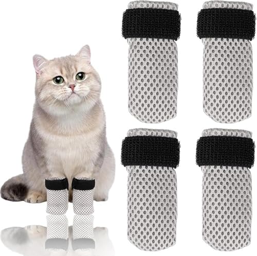 4 Stück Katzenstiefel, Pfotenabdeckungen, Kratzfester Katzenfuß, Verstellbare Netz-Katzenfußabdeckungen, rutschfest, Atmungsaktiv, Geeignet Zum Baden Von Haustieren, Nägel Schneiden, Injektionen von dewdat