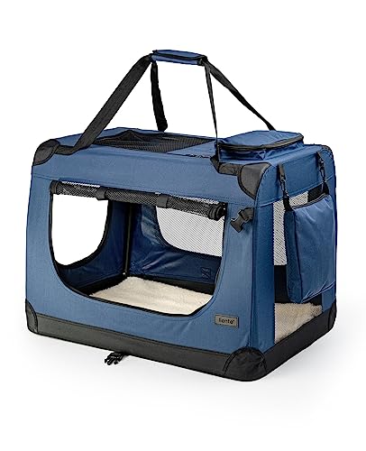 lionto Hundetransportbox faltbar für Reise & Auto, 50x34x36 cm, stabile Transportbox mit Tragegriffen & Decke für Katzen & Hunde bis 10 kg, robuste Hundebox aus Stoff für klein & groß, dunkelblau von lionto