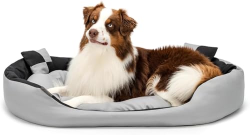 lionto Hundebett 4-in-1 mit Wendekissen aus robustem Oxford, 110x80 cm, Heimtierkissen Kratzfest mit tiefem Einstieg für Katzen und Hunde aller Größen, inkl. Zierkissen, wasserabweisend, grau/schwarz von lionto