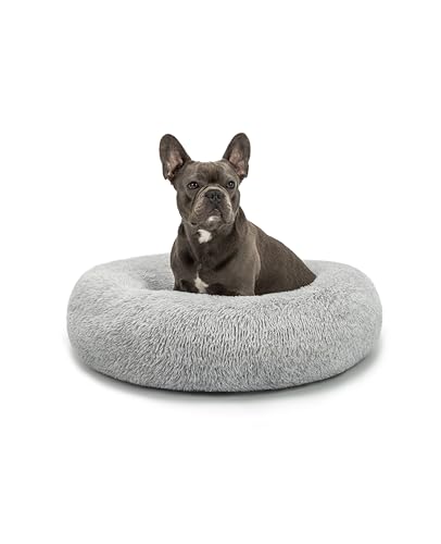 lionto Donutbett für Hunde und Katzen, Flauschiges Hundebett rund für kleine und große Heimtiere, Ø 70 cm, weiches Katzenbett aus kuscheligem Plüsch, Hundekissen mit extra Dicker Füllung, hellgrau von lionto