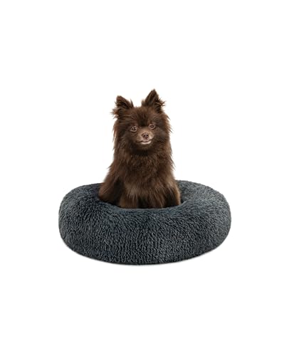 lionto Donutbett für Hunde und Katzen, Flauschiges Hundebett rund für kleine und große Heimtiere, Ø 40 cm, weiches Katzenbett aus kuscheligem Plüsch, Hundekissen mit extra Dicker Füllung, dunkelgrau von lionto