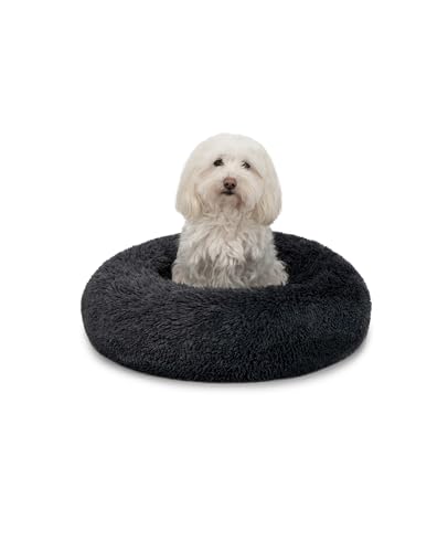 lionto Donutbett für Hunde und Katzen, Flauschiges Hundebett rund für kleine und große Heimtiere, Ø 50 cm, weiches Katzenbett aus kuscheligem Plüsch, Hundekissen mit extra Dicker Füllung, dunkelgrau von lionto