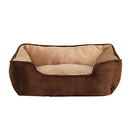 lionto Hundebett 2-in-1 mit komfortablem Einstieg, kuscheliges Heimtierbett zum Wenden für Hunde und Katzen, 60x50 cm, Hundekissen in pflegeleichter Wildlederoptik, braun/beige von lionto