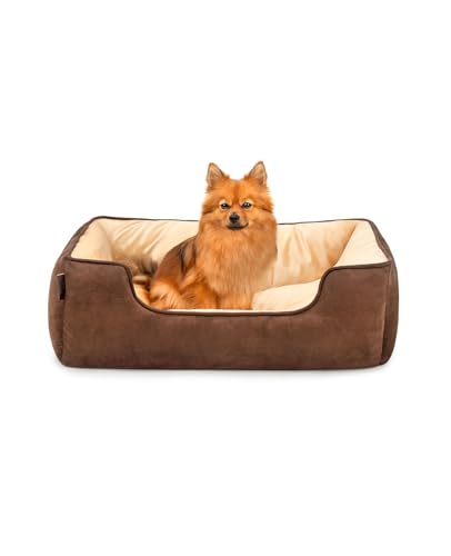 lionto Hundebett 2-in-1 mit komfortablem Einstieg, kuscheliges Heimtierbett zum Wenden für Hunde und Katzen, 80x60 cm, Hundekissen in pflegeleichter Wildlederoptik, braun/beige von lionto