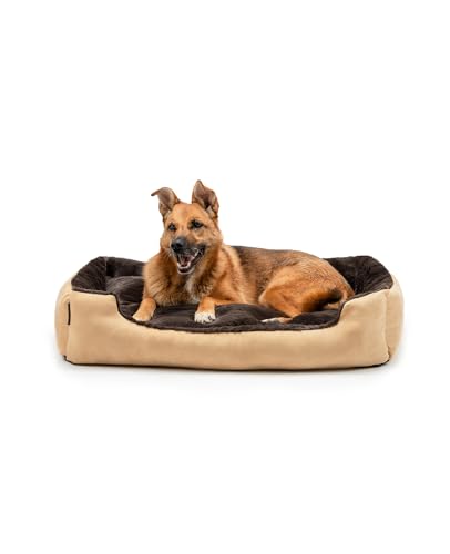 lionto Hundebett mit Wendekissen und Rutschfester Unterseite, Robustes Heimtierkissen mit tiefem Einstieg für Hunde und Katzen jeden Alters, 90x70 cm, kuscheliges Hundekissen, beige/braun von lionto