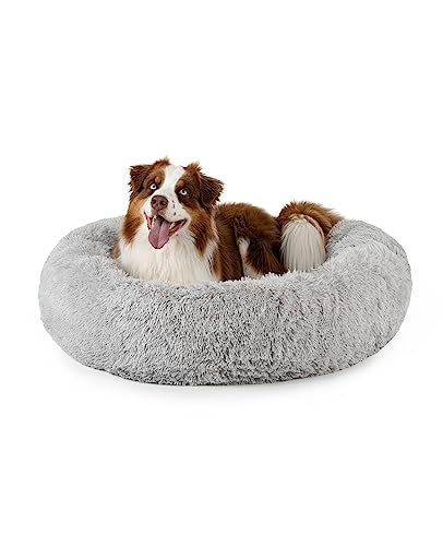 lionto Donutbett für Hunde und Katzen, Flauschiges Hundebett rund für kleine und große Heimtiere, Ø 100 cm, weiches Katzenbett aus kuscheligem Plüsch, Hundekissen mit extra Dicker Füllung, hellgrau von lionto