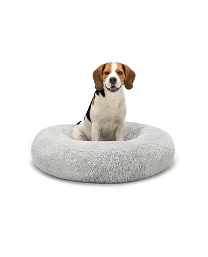 lionto Donutbett für Hunde und Katzen, Flauschiges Hundebett rund für kleine und große Heimtiere, Ø 80 cm, weiches Katzenbett aus kuscheligem Plüsch, Hundekissen mit extra Dicker Füllung, dunkelgrau von lionto