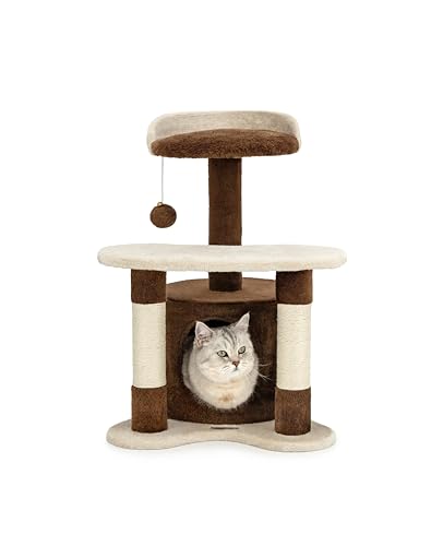 lionto Kratzbaum für Katzen mit Höhle & Plüschball, Höhe 65 cm, mittelgroßer Katzenbaum mit robustem Sisal & Plüsch, gemütliche Liegefläche & Höhle, für kleine und große Katzen geeignet, braun/beige von lionto