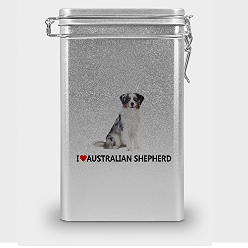 Hundefutterdose "Australien Shepherd", Vorratsdose, Leckerliedose, Blech-Dose, Hundenapf mit Motiv "Australien Shepherd" - silber von digital print