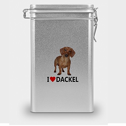 Hundefutterdose "Dackel", Vorratsdose, Leckerliedose, Blech-Dose, Hundenapf mit Motiv "Dackel" - silber von digital print