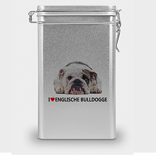 Hundefutterdose "Englische Bulldogge", Vorratsdose, Leckerliedose, Blech-Dose, Hundenapf mit Motiv "Englische Bulldogge" - silber von digital print