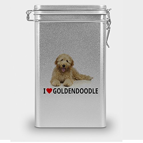 Hundefutterdose "Goldendoodle", Vorratsdose, Leckerliedose, Blech-Dose, Hundenapf mit Motiv "Goldendoodle" - silber Hundefutterdose "Goldendoodle", Vorratsdose, Leckerliedose, Blech-Dose, Hundenapf mit Motiv "Goldendoodle" - silber von digital print