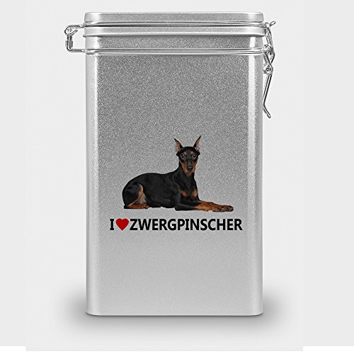 Hundefutterdose "Zwergpinscher", Vorratsdose, Leckerliedose, Blech-Dose, Hundenapf mit Motiv "Zwergpinscher" - silber von digital print