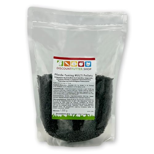 DISCOUNTFUTTER.SHOP Pferde Tuning Multi Pellets 1,5 kg I Magnesium, Zink, Selen, Aminosäuren für den Muskelaufbau für Pferde, reichhaltig an Spirulina, Carnitin, Vitamin E, Lysin, Pferdefutter von DISCOUNTFUTTER.SHOP