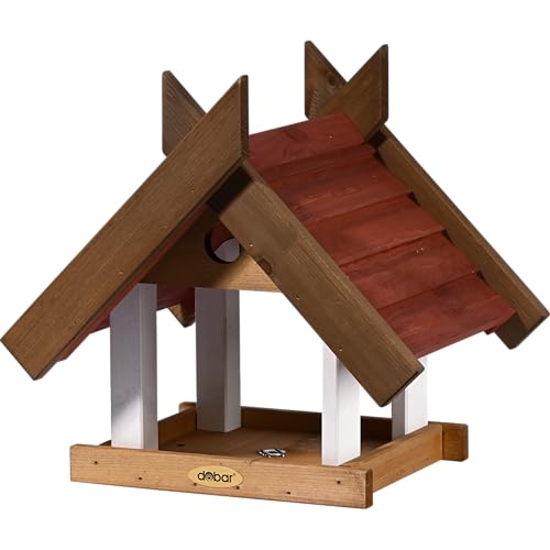 dobar® Green Label Großes Vogelhaus Herbstfrüchte für Ständermontage - Futterstation für Wildvögel mit großem Futtertablett - Wildvogelfutterplatz - 36 x 28,5 x 33,5 cm - Braun/Rot/Weiß von dobar