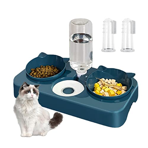 Katzennapf mit Wasserspender, 3 in 1 Katzennapf Futternapf für Katzen, Doppelnapf Trennung von Trocken und Nassfutter Geneigte Futternapf Katzenfressnapf Automatisch, mit 2 Fingerzahnbürsten (Blau) von doepeBAE