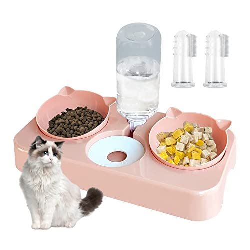 Katzennapf mit Wasserspender, 3 in 1 Katzennapf Futternapf für Katzen, Doppelnapf Trennung von Trocken und Nassfutter Geneigte Futternapf Katzenfressnapf Automatisch, mit 2 Fingerzahnbürsten (Rosa) von doepeBAE