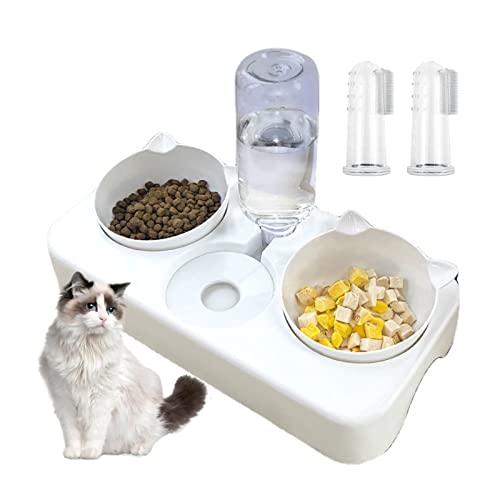 Katzennapf mit Wasserspender, 3 in 1 Katzennapf Futternapf für Katzen, Doppelnapf Trennung von Trocken und Nassfutter Geneigte Futternapf Katzenfressnapf Automatisch, mit 2 Fingerzahnbürsten (Weiß) von doepeBAE