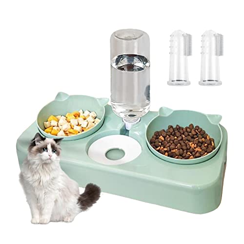 Katzennapf mit Wasserspender, 3 in 1 Katzennapf Futternapf für Katzen, Doppelnapf Trennung von Trocken und Nassfutter Geneigte Futternapf Katzenfressnapf Automatisch, mit 2 Fingerzahnbürsten (Grün) von doepeBAE