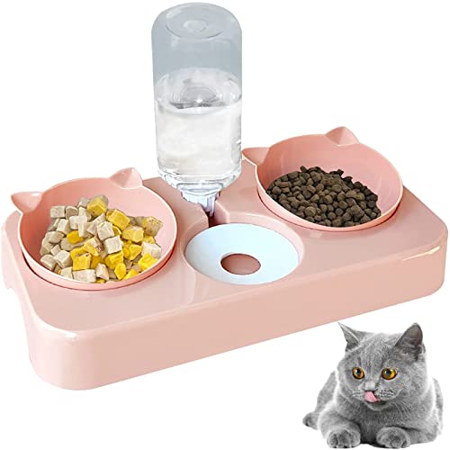 doepeBAE Doppelnapf Katzen, 3 in 1 Automoatsierte Futernapt Wasersepender für Katze Neigbar Katzenpfe Abnehmbar für Kleione und Miteltgro Hunde und Katzen(Pink) von doepeBAE