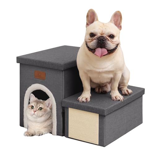 downluxe Hundetreppe für Kleine Hunde, Faltbare Hundetreppe für Bett, Sofa und Stuhl, rutschfeste Haustiertreppe mit Katzenkratzer und Höhle (2-stufige Haustiertreppe, Dunkelgrau) von downluxe