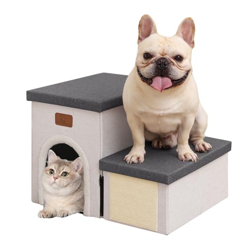 downluxe Hundetreppe für Kleine Hunde, Faltbare Hundetreppe für Bett, Sofa und Stuhl, rutschfeste Haustiertreppe mit Katzenkratzer und Höhle (2-stufige Haustiertreppe, Grau-Beige) von downluxe