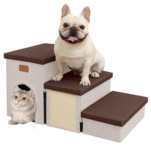 downluxe Hundetreppe für Kleine Hunde, Faltbare Hundetreppe für Bett, Sofa und Stuhl, rutschfeste Haustiertreppe mit Katzenkratzer und Condo (3-stufige Haustiertreppe, Braun-Beige) von downluxe