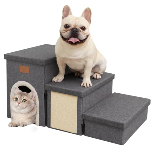 downluxe Hundetreppe für kleine Hunde, Faltbare Hundetreppe für Bett, Couch, Sofa und Stühle, rutschfeste Haustiertreppe mit Katzenkratzer, Aufbewahrung und Wohnraum (3-stufige Haustiertreppe, 39,9 cm von downluxe