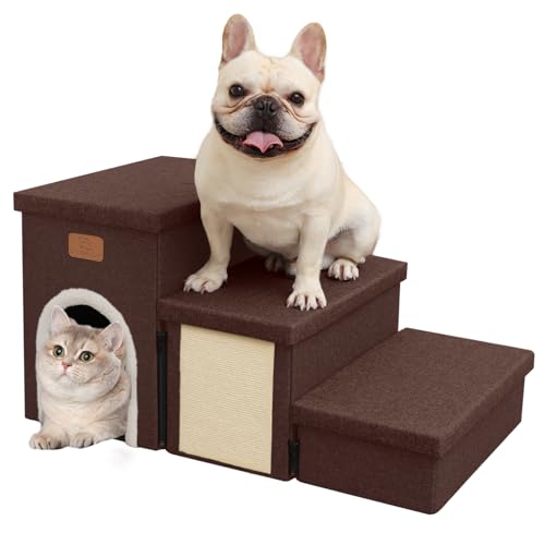 downluxe Hundetreppe für kleine Hunde, Faltbare Hundetreppe für Bett, Couch, Sofa und Stühle, rutschfeste Haustiertreppe mit Katzenkratzer, Aufbewahrung und Wohnraum (3-stufige Haustiertreppe, 39,9 cm von downluxe